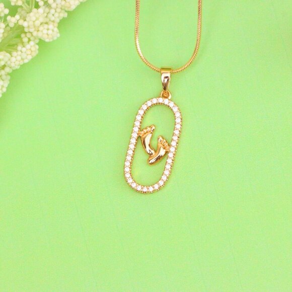 "Rose Gold Baby Feet Pendant in Sparkling Oval Frame with CZ Accents, XPPT1528 - Picture 2 of 13